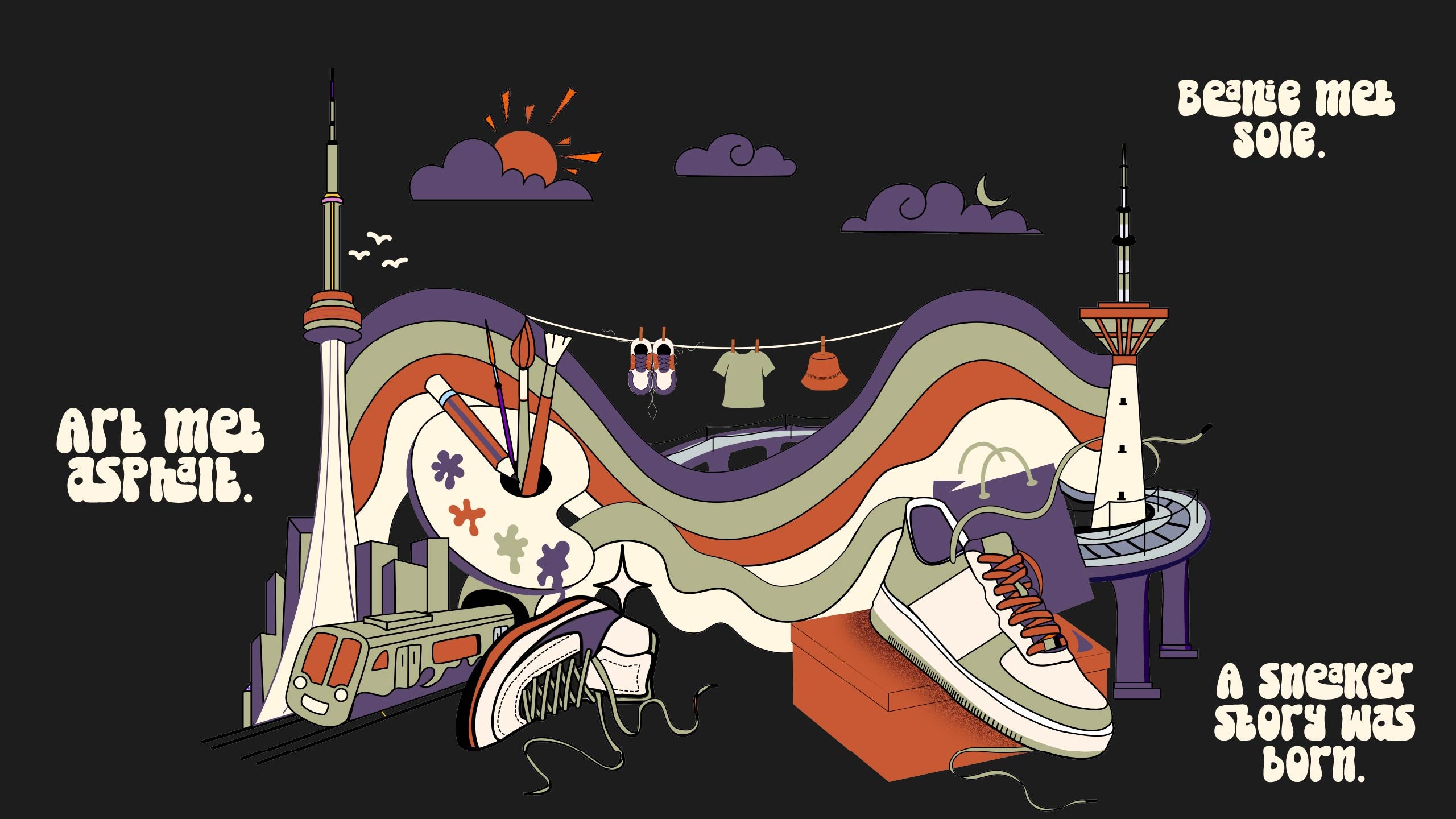 This the Beanie & Sole banner a colorful illustration of hand-painted sneakers with abstract elements, Delhi metro and text on a black background