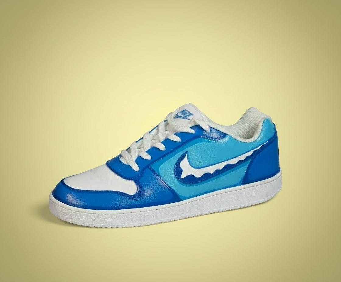 Hand painted Nik sneaker with oceanic design on a yellow background 