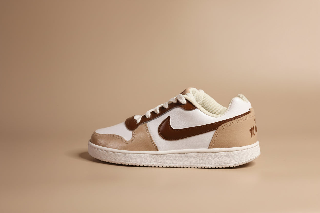 Hand-painted Brown and white sneaker with Nike logo on a beige background