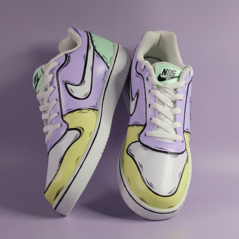 Hand-painted Nike sneakers with a multi color (yellow, green and purple) with outline like sketch design on a light purple background