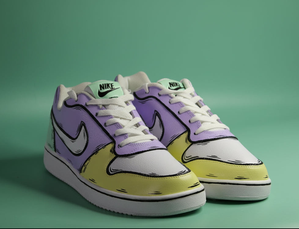 custom painted Pair of sneakers with a multi color (yellow, green and purple) with comic book design on a pistachio green background