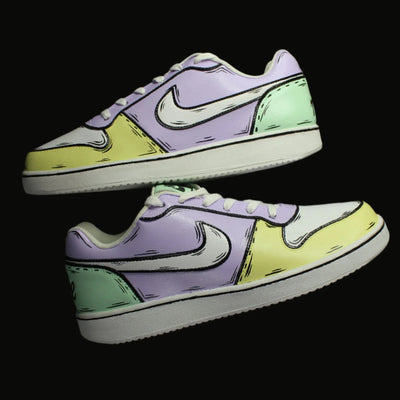 custom painted Pair of sneakers with a multi color (yellow, green and purple) design on a black background