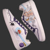 Pair of white sneakers with a unique anime-inspired design from One Piece, called Luffy, on a black background