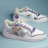 A pair of Nike sneaker with blue background, hand-painted, design inspired by Monkey D Luffy from One Piece.