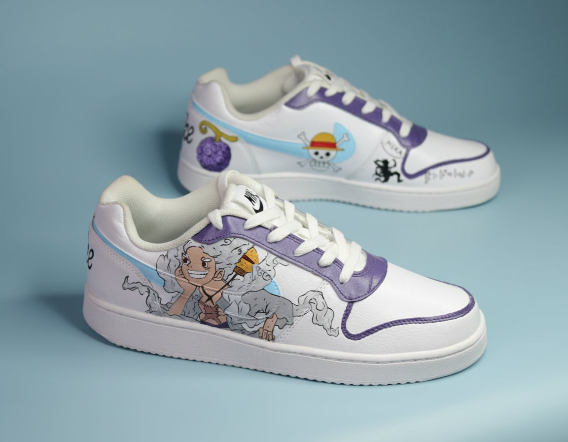 A pair of Nike sneaker with blue background, hand-painted, design inspired by Monkey D Luffy from One Piece.
