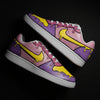 Hand-painted colourful (pink, purple and yellow) Nike sneakers with cartoonish and melted effect design on a black  background