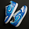 hand-painted Blue and white Nike sneakers with a logo on a black background