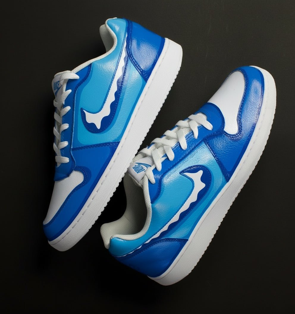 hand-painted Blue and white Nike sneakers with a logo on a black background