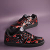 Hand-painted Nike Black sneakers with red clouds inspired by Naruto anime on a dusky purple background