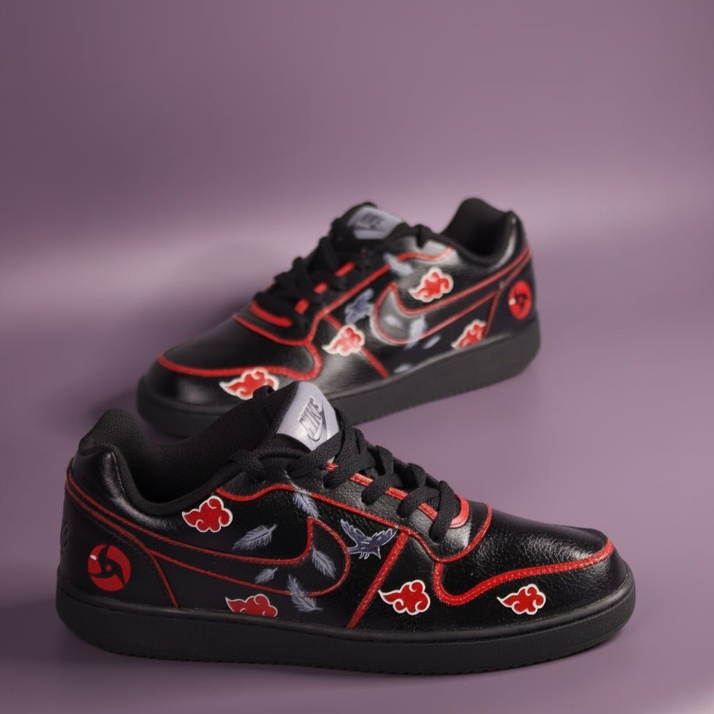 Hand-painted Nike Black sneakers with red clouds inspired by Naruto anime on a dusky purple background