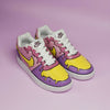 Hand-painted Pair of sneakers with purple and yellow candle melted design on a lavender background