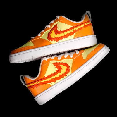 Hand-painted Orange and yellow sneakers with a prominent logo on a black background
