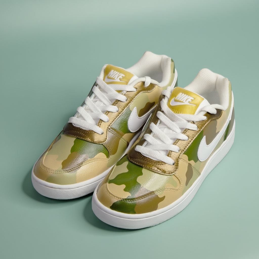 Hand-painted Camouflage sneakers with white laces and Nike logo on a pistachio green background